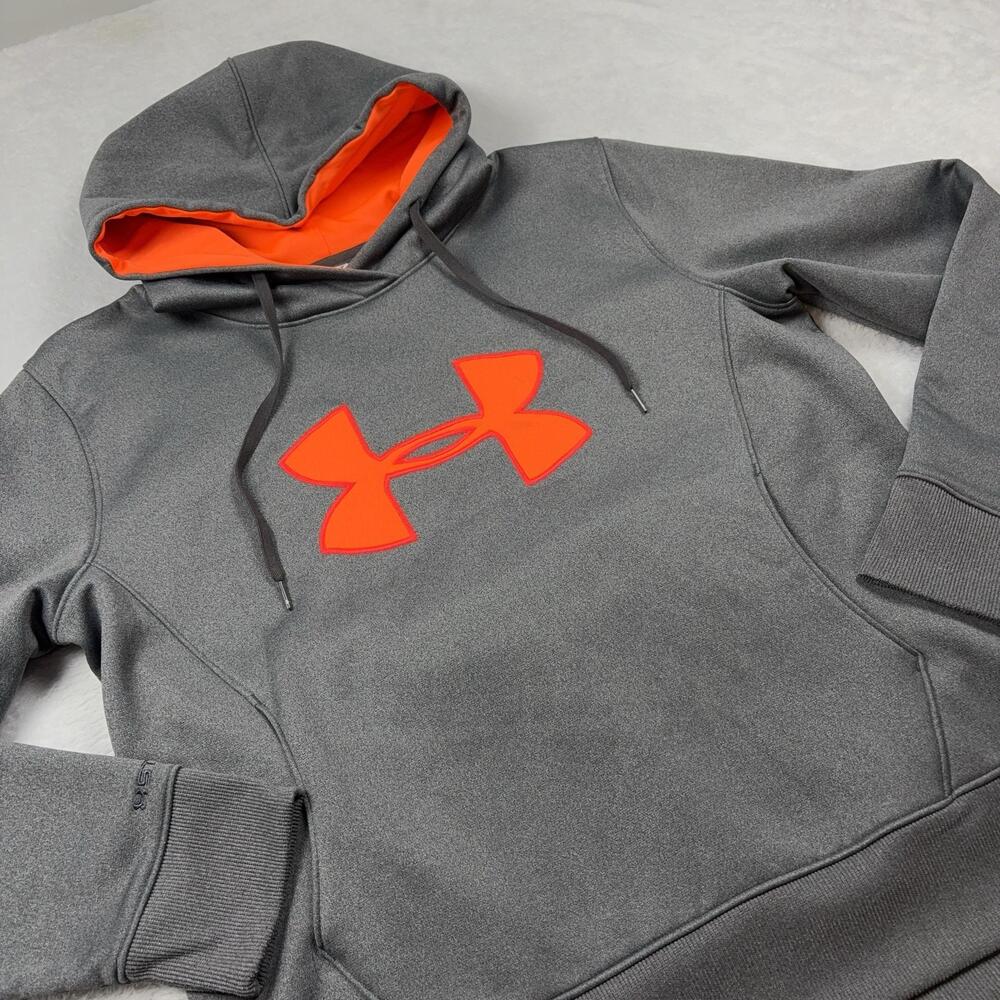 Under Armour Hoodie Sweatshirt Women XL Gray ColdGear Pullover Orange Logo